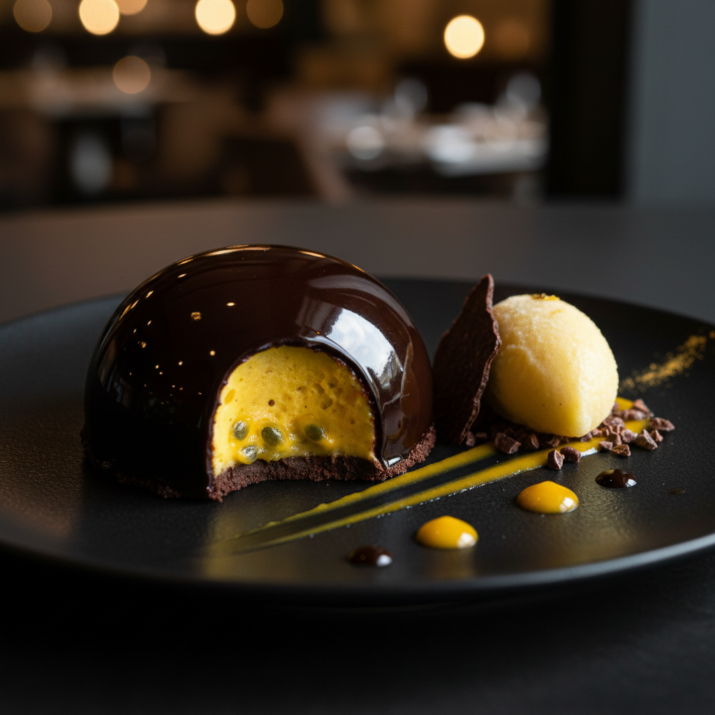 Dôme Chocolat Noir & Passion — Cœur passion & sorbet baobab