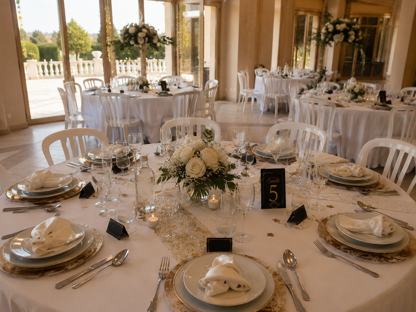 Salle de réception aux tables rondes nappées de blanc, vaisselle liserée d'or
