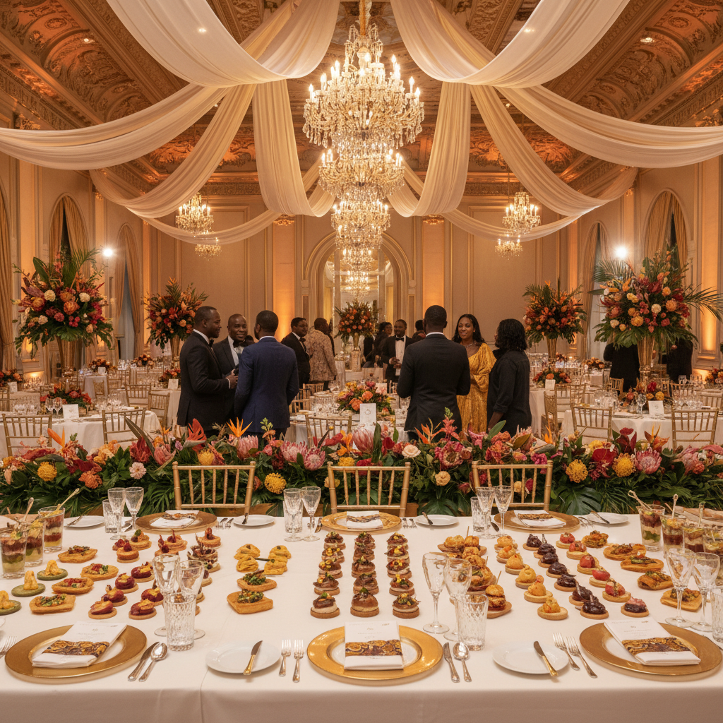 Cocktail dînatoire dans une salle de bal, buffet fleuri