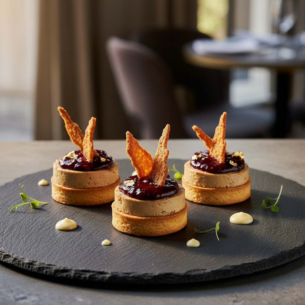 Tartelette Foie Gras & Bissap — Sablé croustillant, foie gras & gelée d'hibiscus