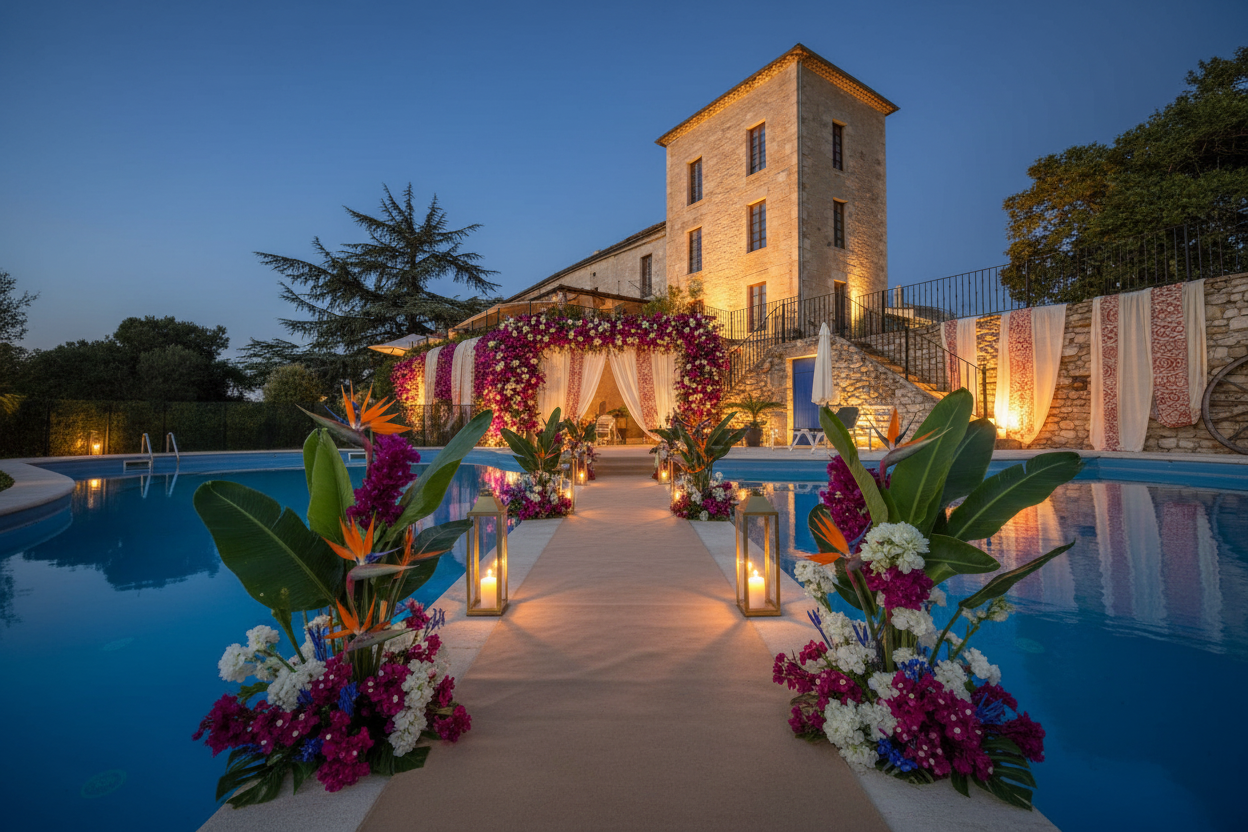 Cérémonie au bord d'une piscine devant une villa de pierre au crépuscule