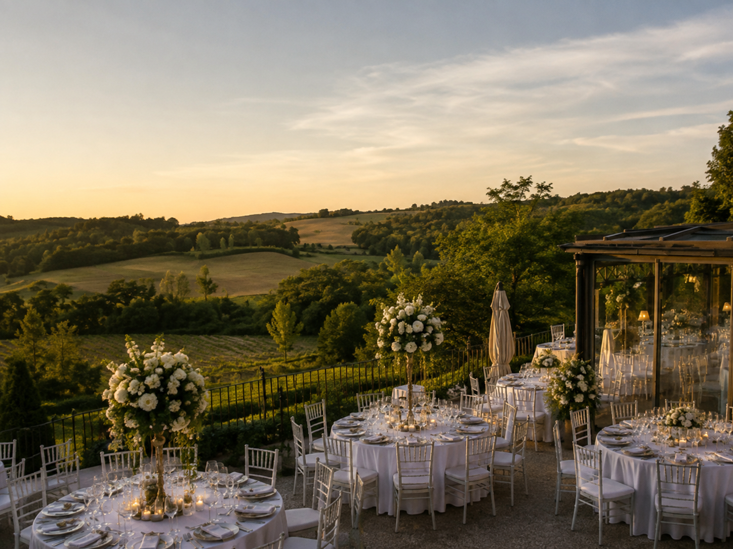 Dîner de mariage dressé en terrasse face aux vignes au coucher du soleil
