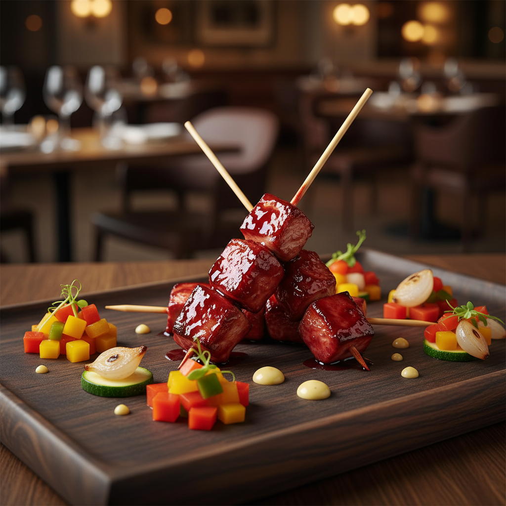 Brochettes laquées dressées sur ardoise de bois avec brunoise de légumes