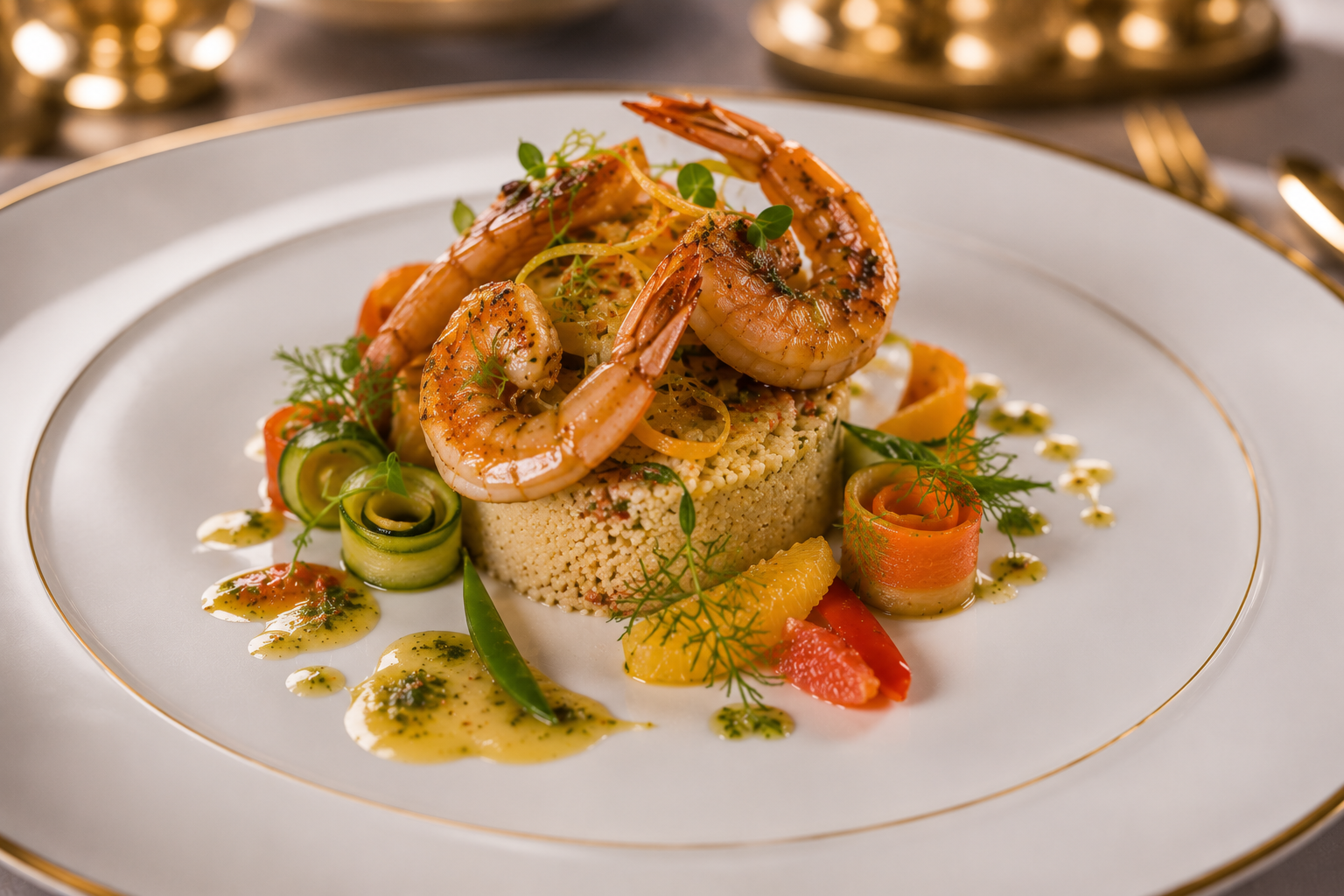 L'Attiéké Signature — Gambas rôties, attiéké aux agrumes